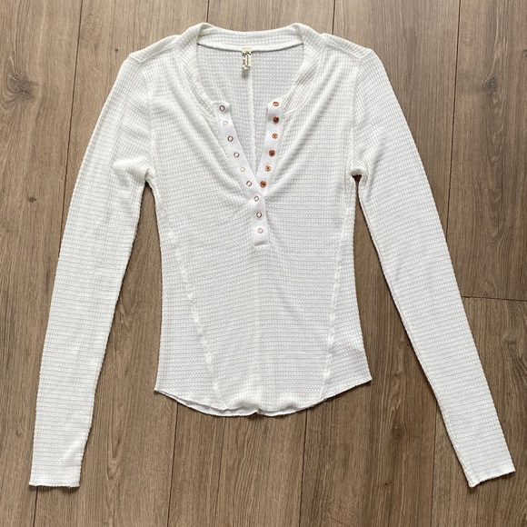 Free People White Waffle Textured Henley Long Sleeve - Picture 1 of 6